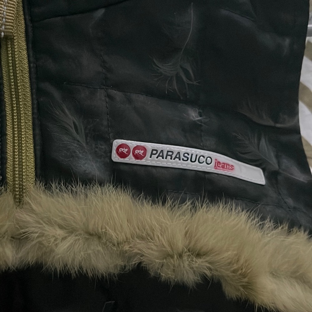 Light and dark green with fur trim vest. With hood.